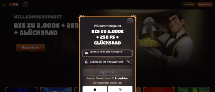 Registrierungsformular bei afkspin.com (Kontowährung EUR)