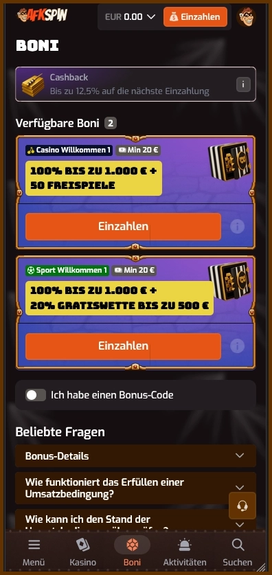 Bonusangebote und Aktionen im AFKspin