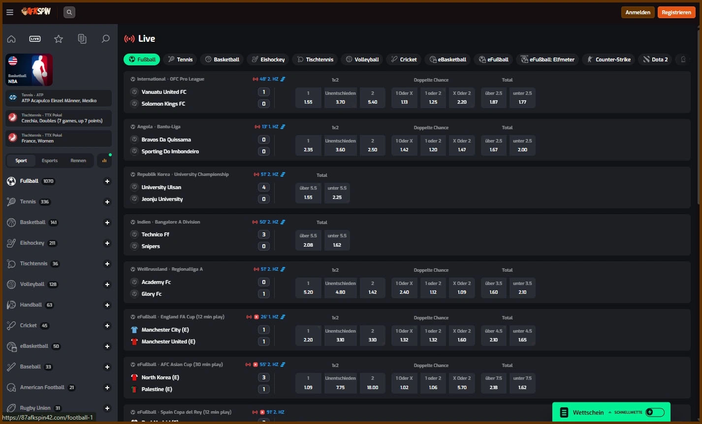 Einfaches Wetten vor dem Spiel bei AFKspin